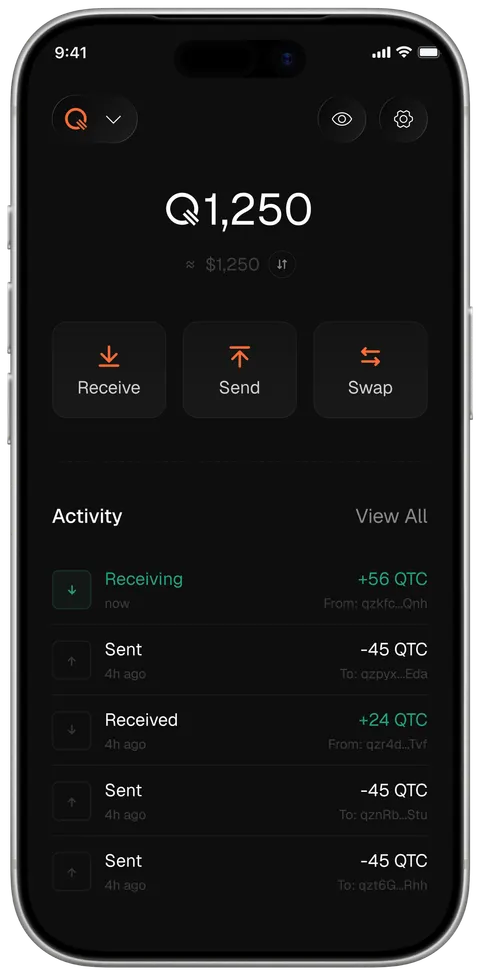 Quantus wallet home screen showing balance, receive, send and swap